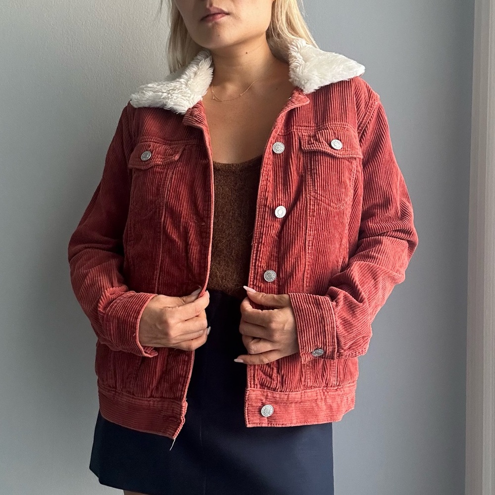 PacSun Faux Fur Collar Corduroy Oversized Jacket in Rust